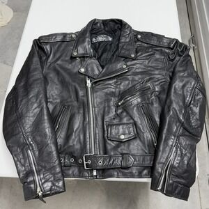 Vintage Leather King Mens Black Leather Motorcycle Biker Jacket Belted mens L